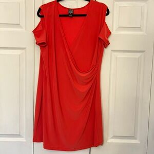 Cold Shoulder Island Luxe Faux Wrap Dress V Neck Women's Red XL
